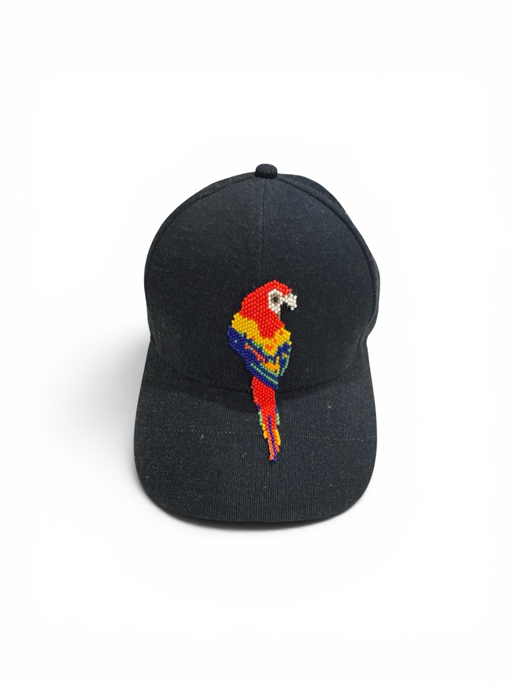 Black Baseball Cap with Colorful Beaded Parrot